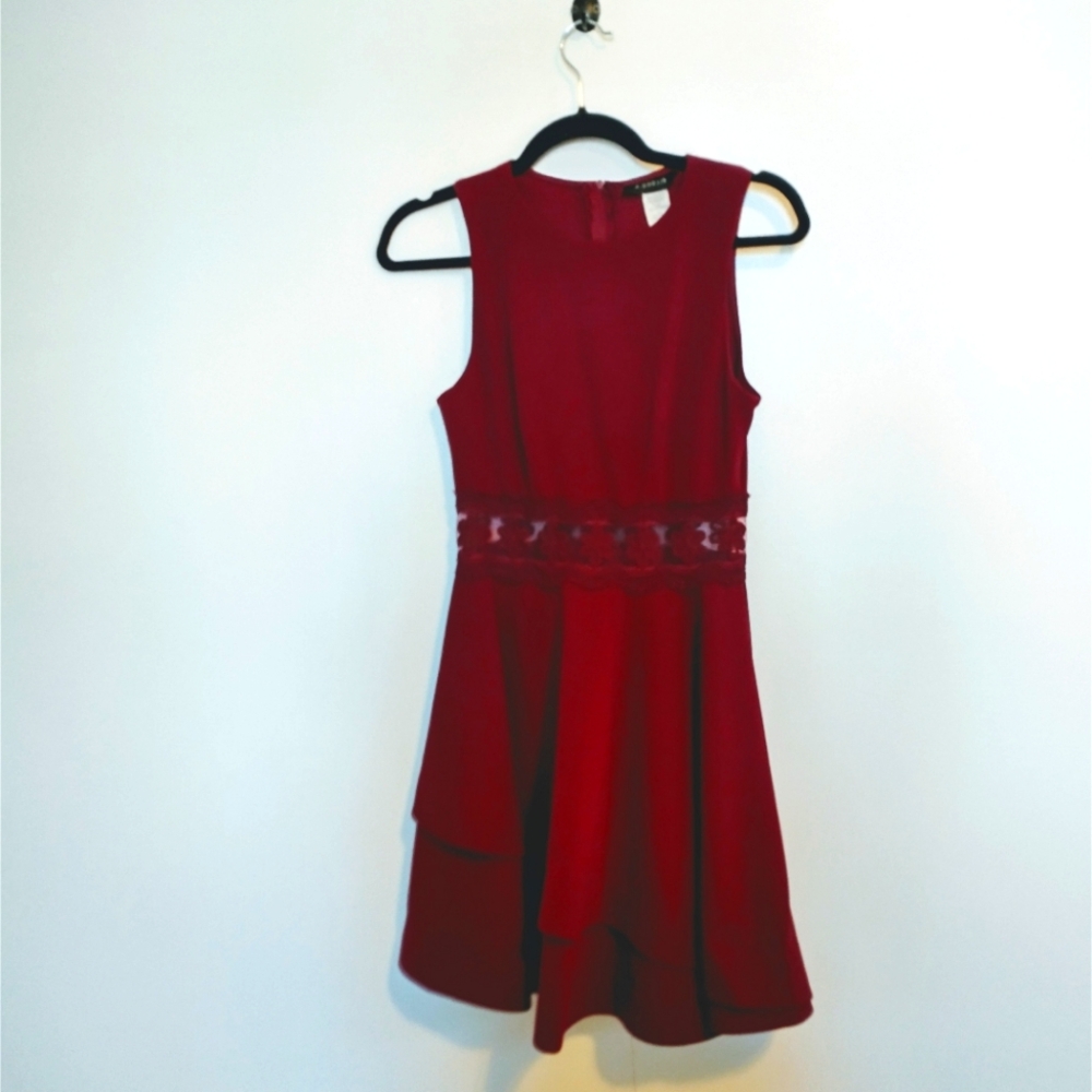 B. Darlin red fit and flare dress with floral sheer panel at the waist size 5/6